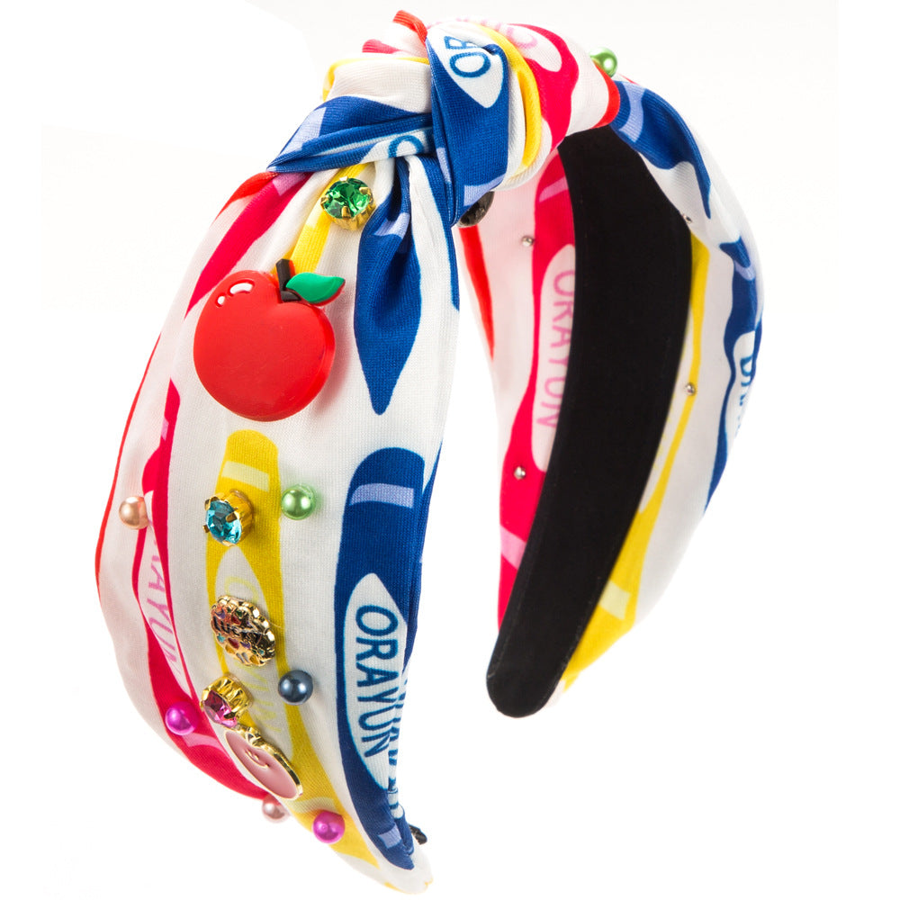 Wholesale Printed fabric headband with diamond and pearls